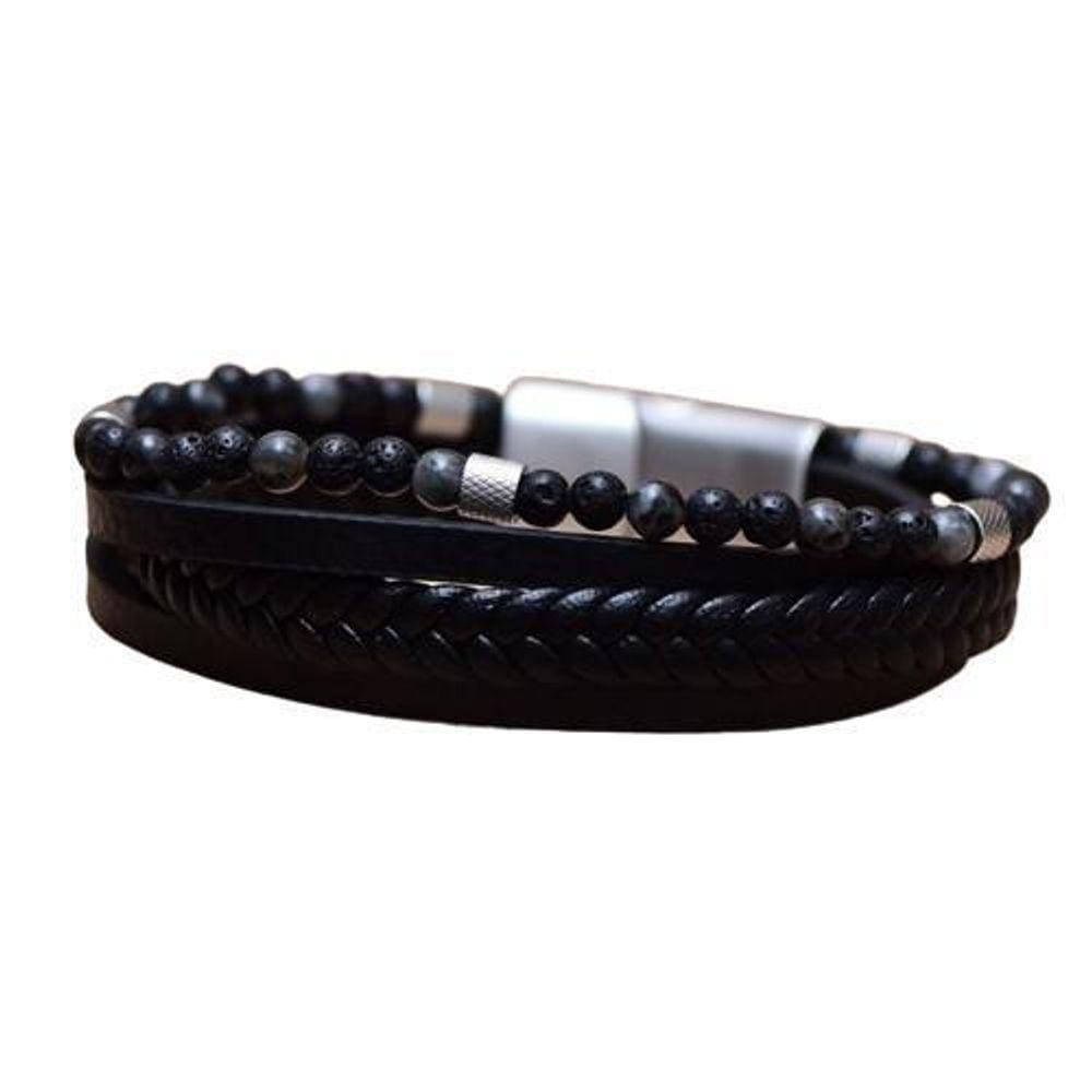 Bracelete Couro Trançado Shambala Vulcanica/Labradorita