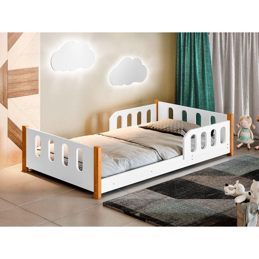 Cama Montessori Infantil Camila Branco com 02 Luminárias e Colchão Divaloto