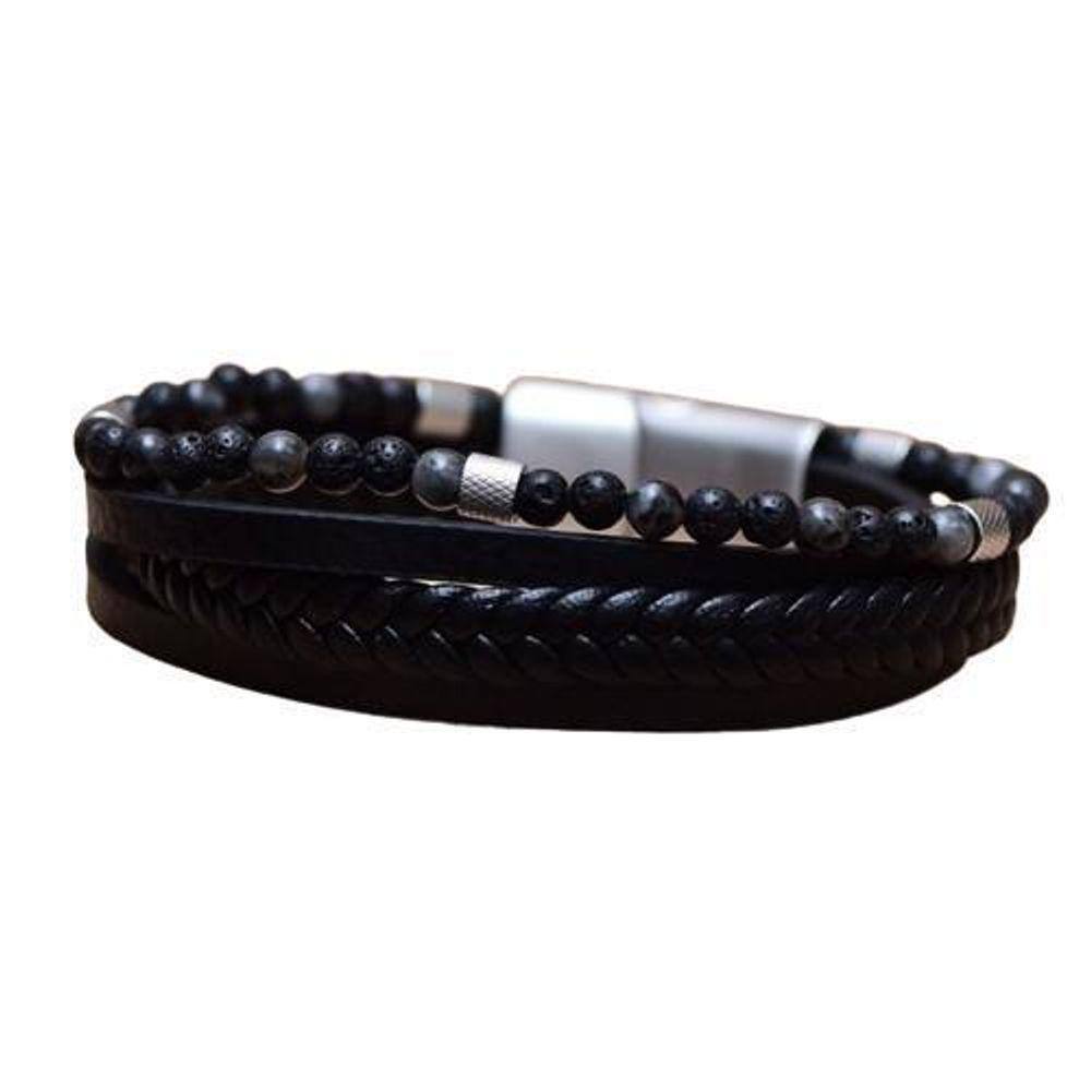 Bracelete Couro Trançado Shambala Vulcanica/Labradorita