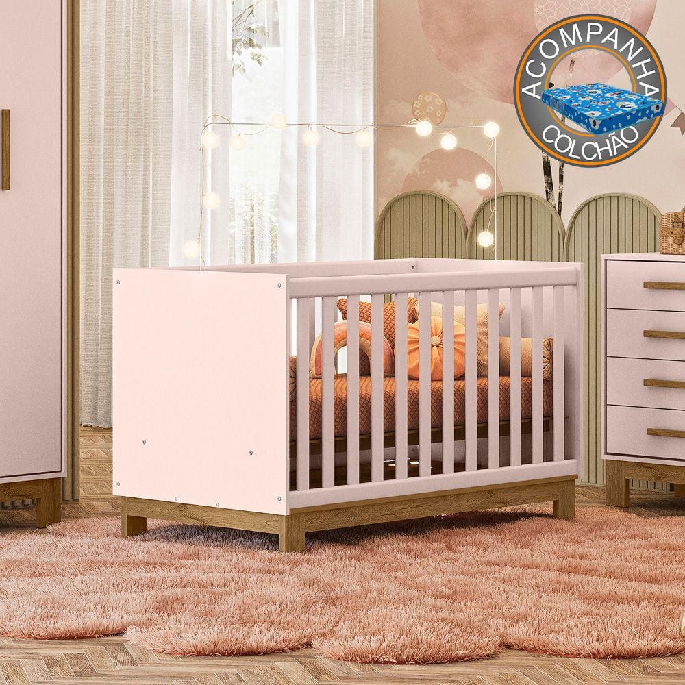 Berço Mini Cama Qencanto Slim 4315 Qmovi Rosa Acetinado + Colchão Ortobom