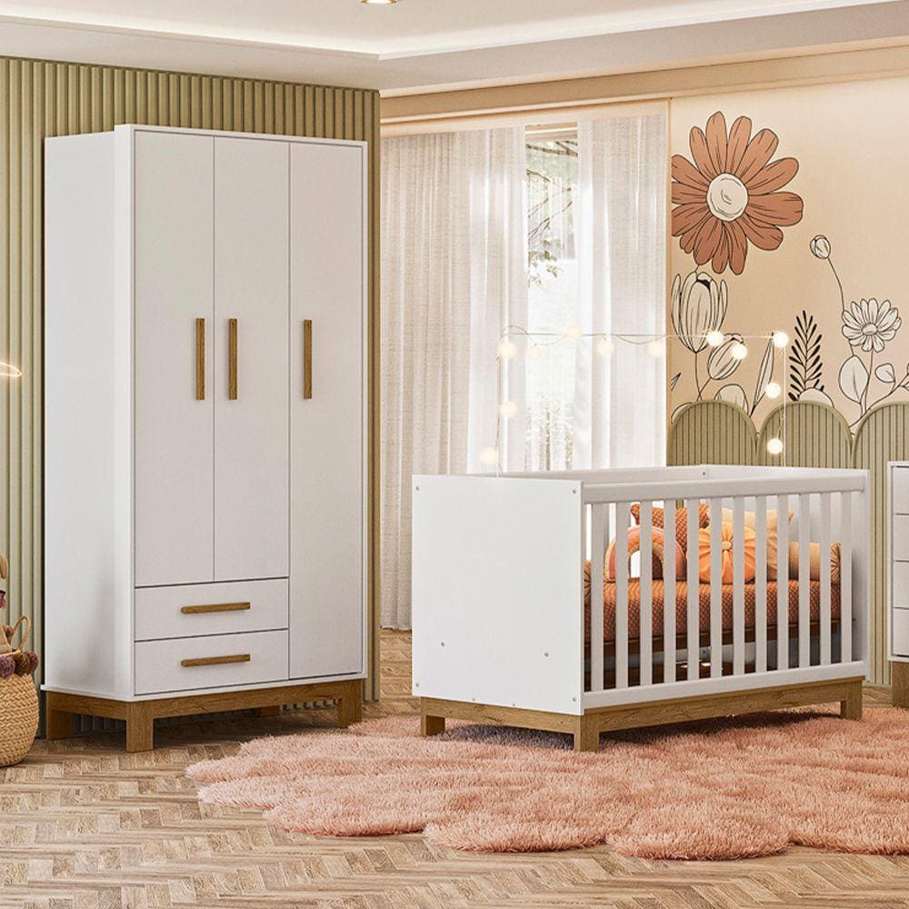 Quarto de Bebê Qencanto Slim com Roupeiro 4340 e Berço Mini Cama 4315 Qmovi Branco Acetinado