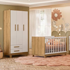 Quarto de Bebê Qencanto Slim com Roupeiro 4340 e Berço Mini Cama 4315 Qmovi Freijó Branco Acetinado