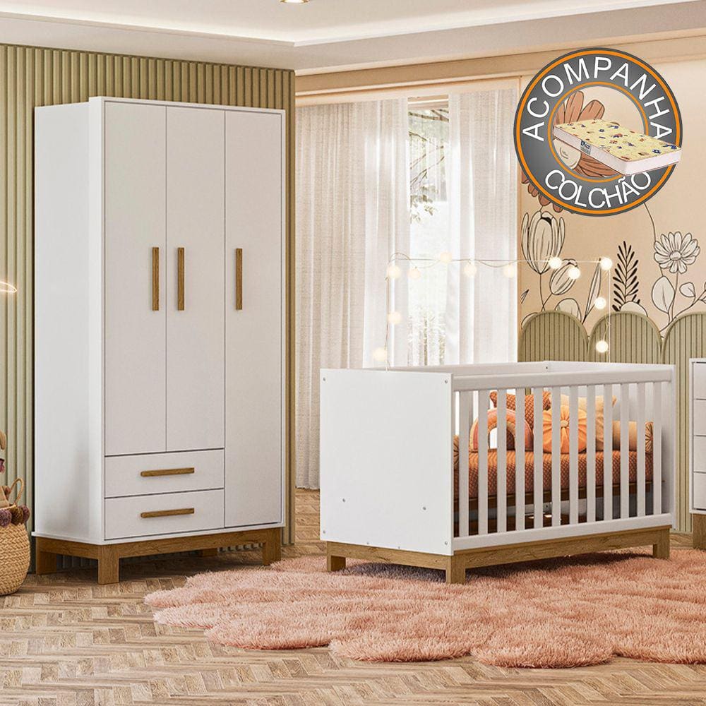 Quarto de Bebê Qencanto Slim com Roupeiro 4340 e Berço 4315 Qmovi Branco Acetinado + Colchão Gazin