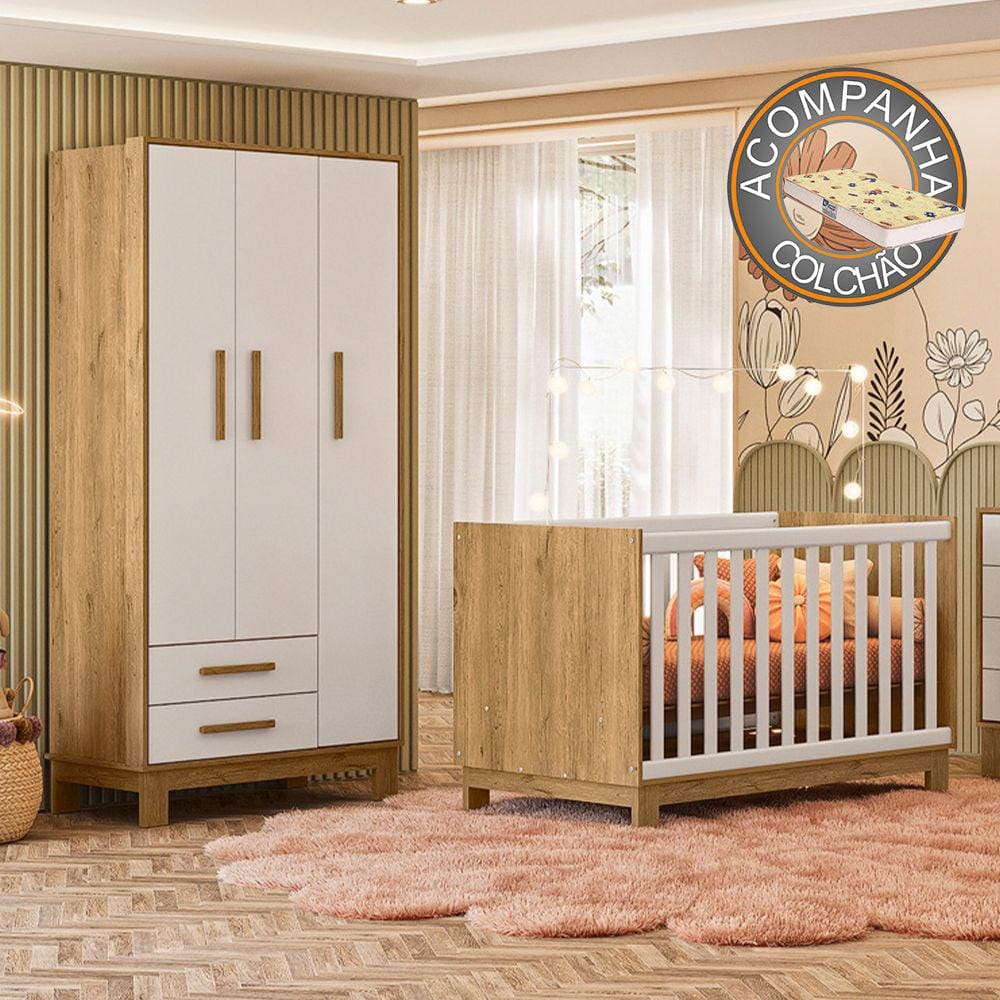 Quarto de Bebê Qencanto Slim com Roupeiro 4340 e Berço 4315 Qmovi Freijó Branco Acetinado + Colchão Gazin