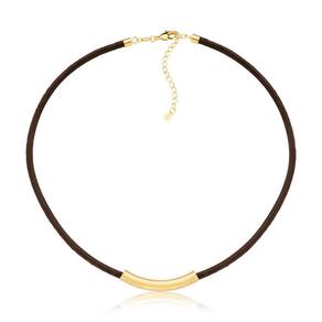 Colar de Couro Natural Café com Canutilho Curto Revestido em Ouro
