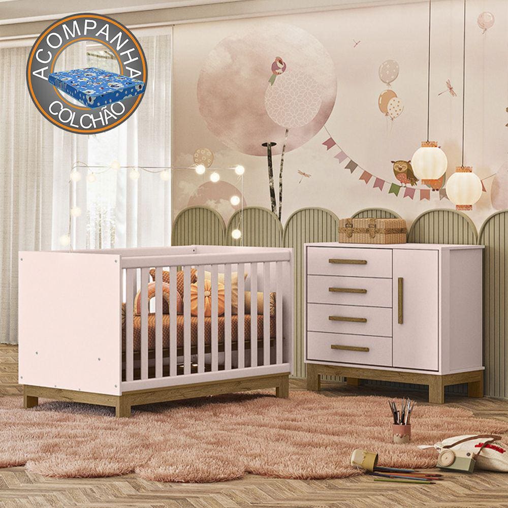 Quarto de Bebê Qencanto Slim com Cômoda 4355 e Berço 4315 Qmovi Rosa Acetinado + Colchão Ortobom