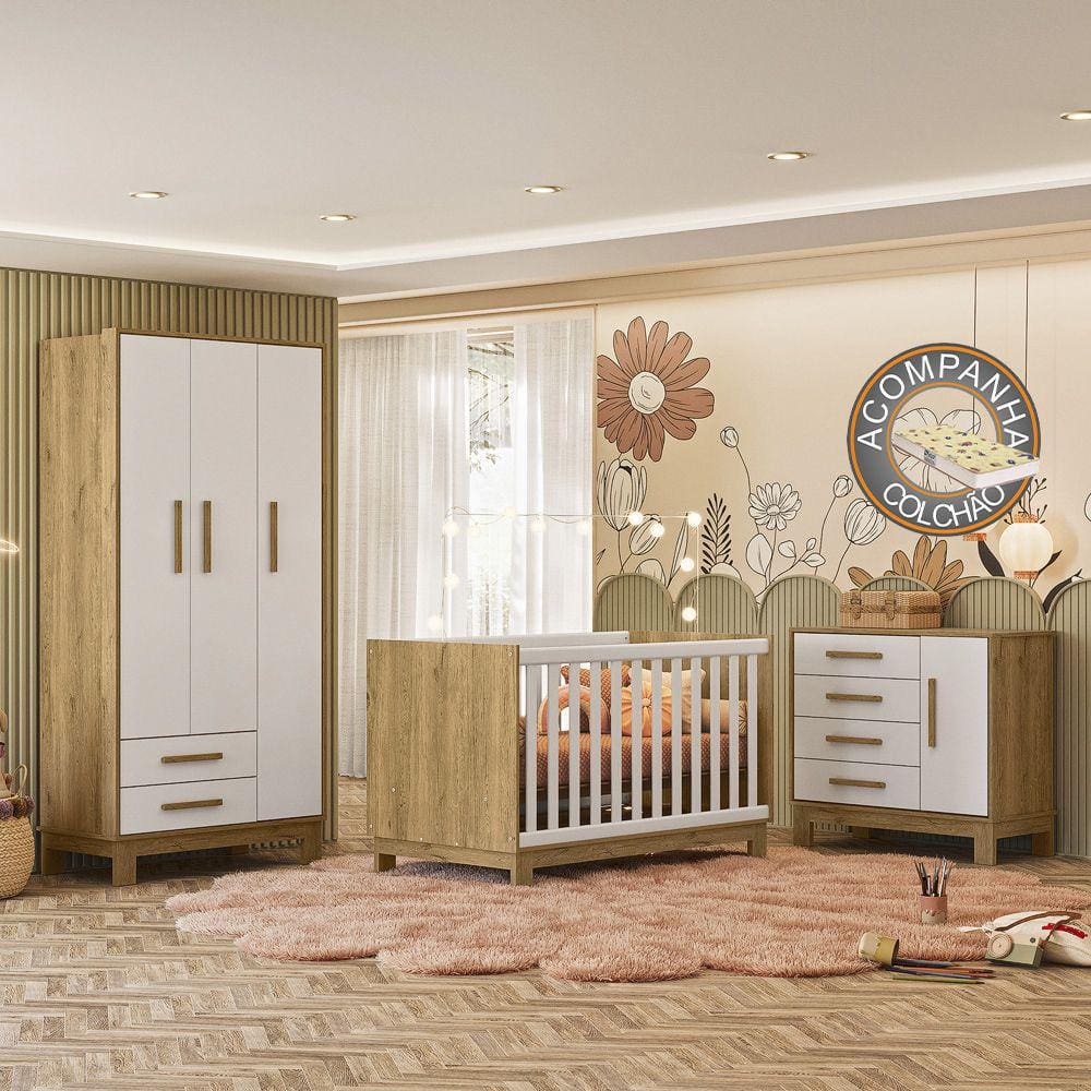 Quarto de Bebê Qencanto Slim Completo Qmovi Freijó Branco Acetinado + Colchão Gazin