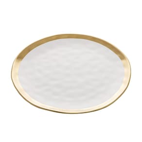Prato De Porcelana Martelado Branco Borda Dourada 25Cm Dubai