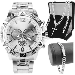 Relogio Masculino Prova Dagua Aço + Pulseira + Cordão Cruz