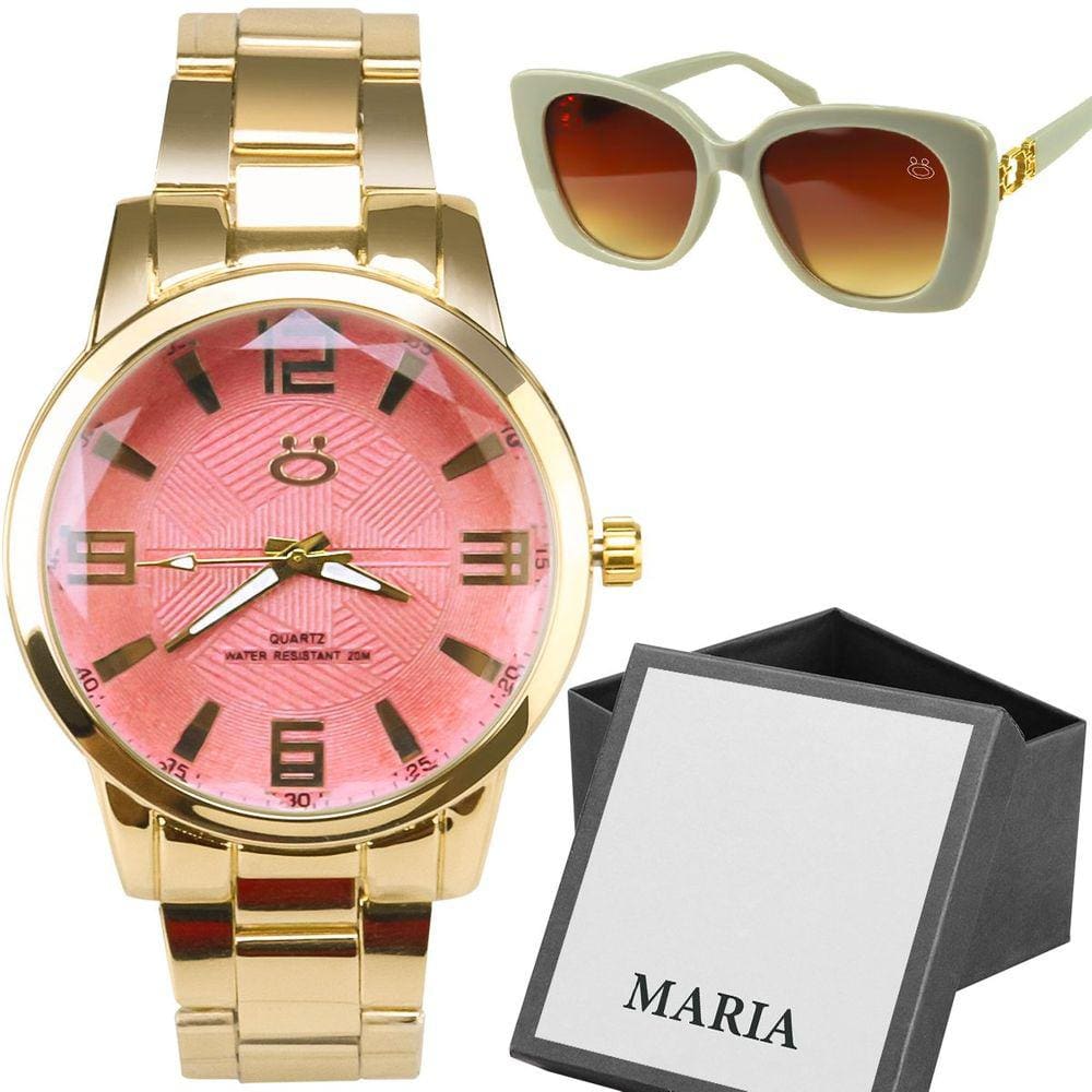 Relógio Feminino Dourado Rosa + Óculos Proteção Uv Sol Caixa