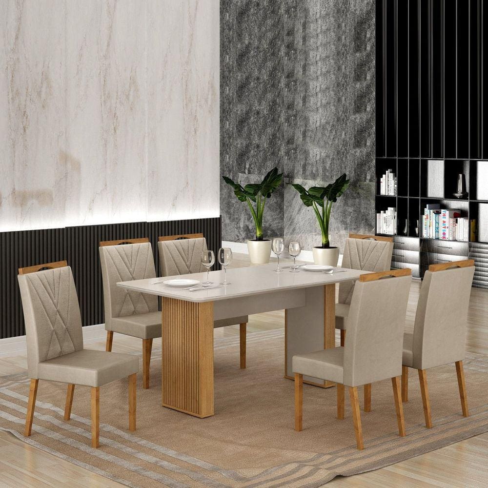 Conjunto Mesa Julia 160cm com 6 Cadeiras Lara Cinamomo/Off White/Bege