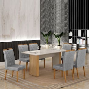 Conjunto Mesa Julia 160cm com 6 Cadeiras Lara Cinamomo/Off White/Prata Linho