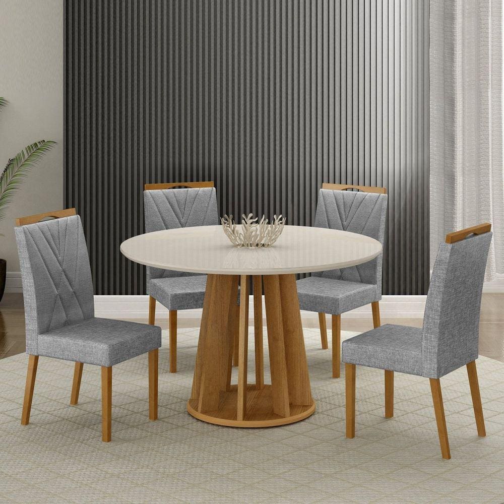 Conjunto Mesa Rose com 4 Cadeiras Lara Cinamomo/Off White/Prata Linho