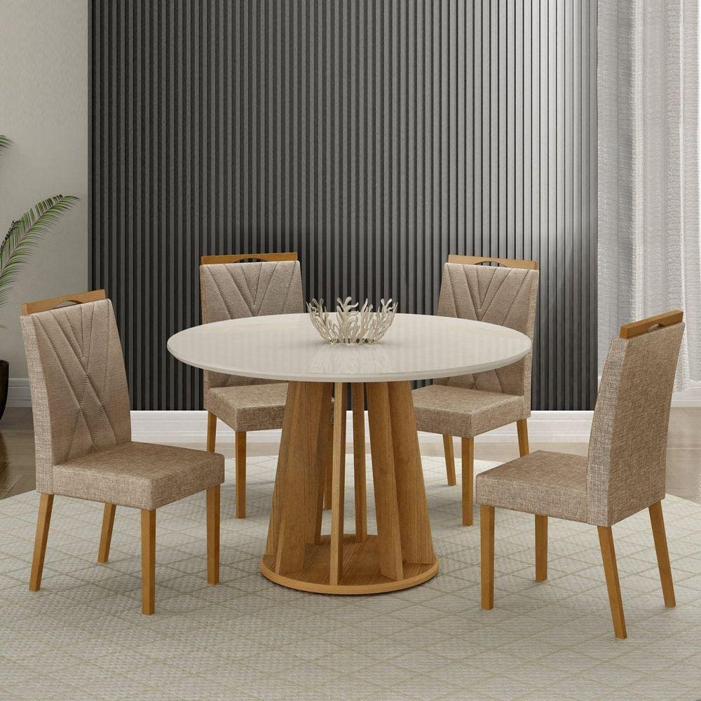 Conjunto Mesa Rose com 4 Cadeiras Lara Cinamomo/Off White/Bege Linho
