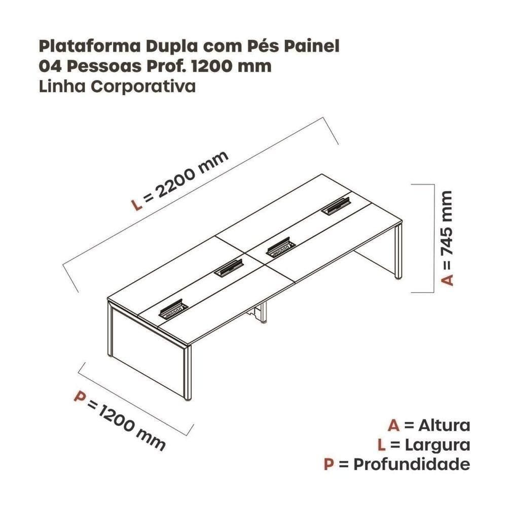 Mesa Plataforma Dupla para 4 Lugares para Coworking 110x120/4p Cinza