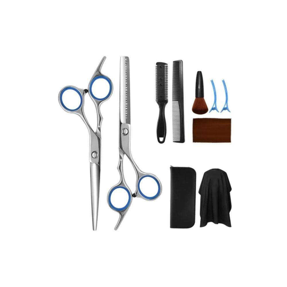 Conjunto de tesouras de cabeleireiro com corte de maca de cabelo com estojo azul