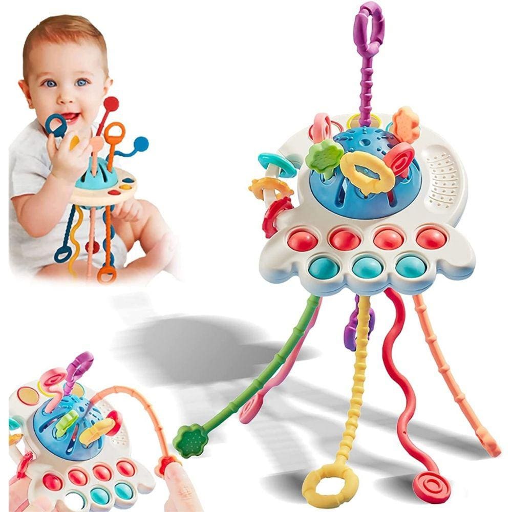 Brinquedo sensorial Teether Montessori 4 em 1 para bebês azul