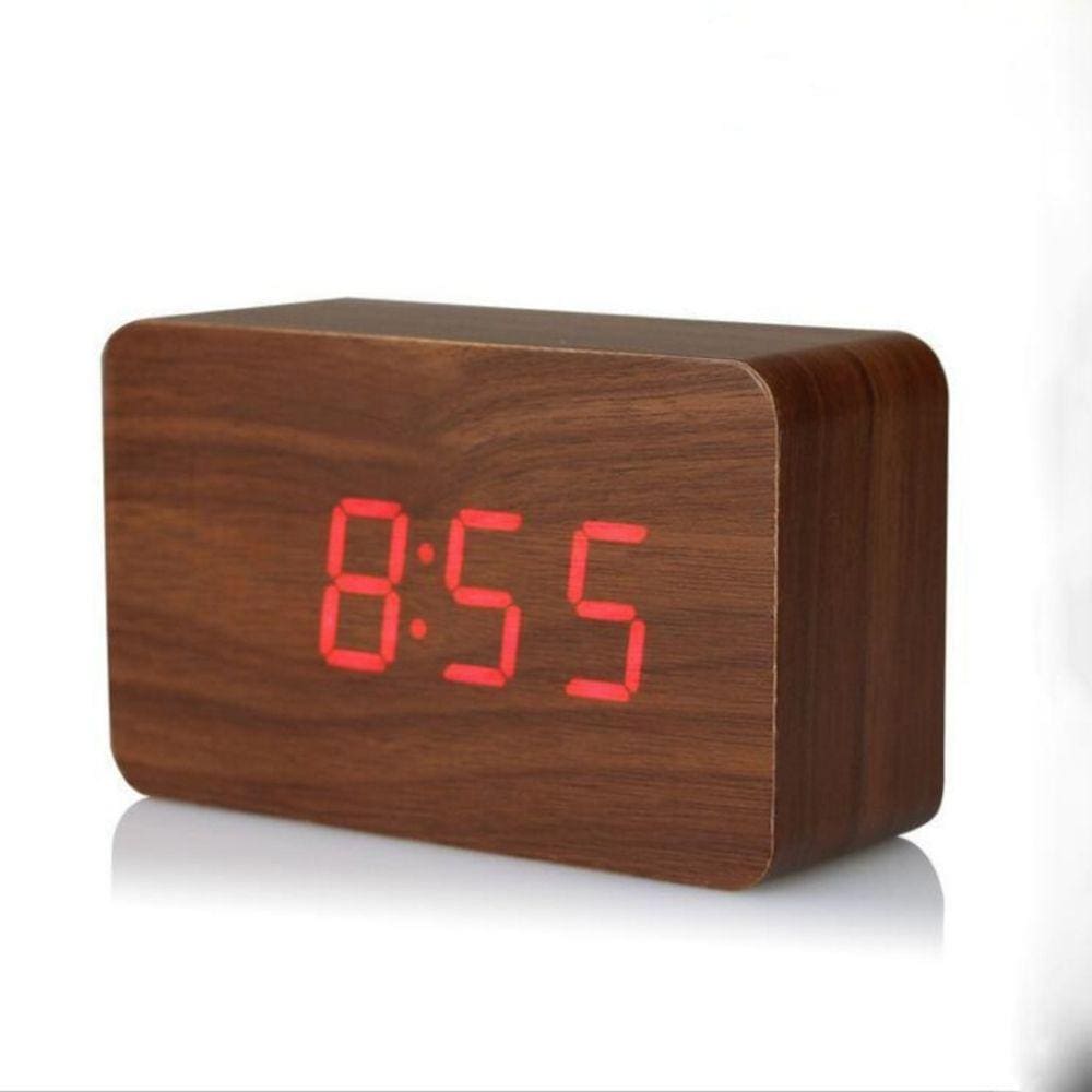 Despertador LED digital de madeira com luz vermelha