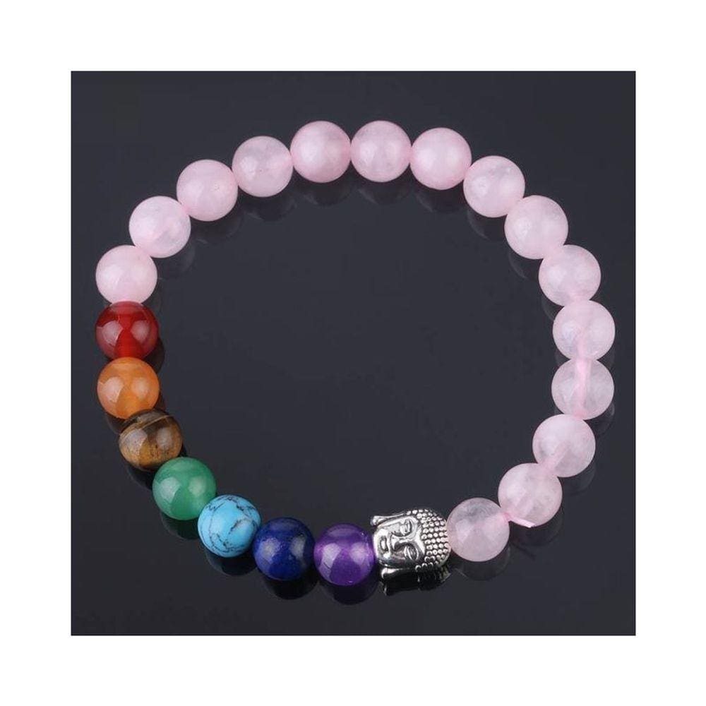 Pulseira de proteção de 7 chakras, quartzo rosa, feita à mão