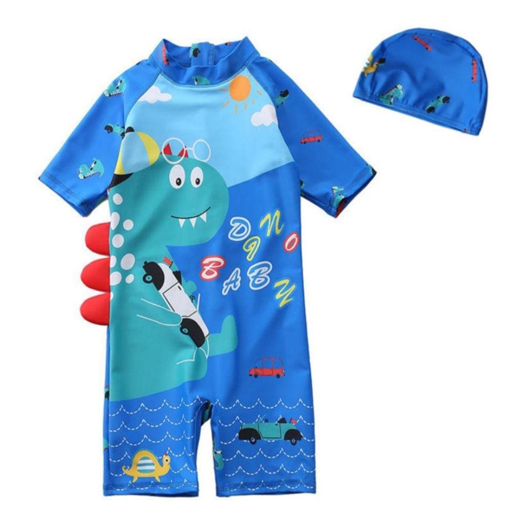 Roupa de banho infantil de dinossauro com chapéu para meninos de mais de 2 anos, azul