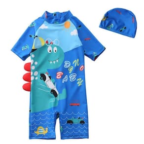 Roupa de banho infantil de dinossauro com chapéu para meninos de mais de 2 anos, azul