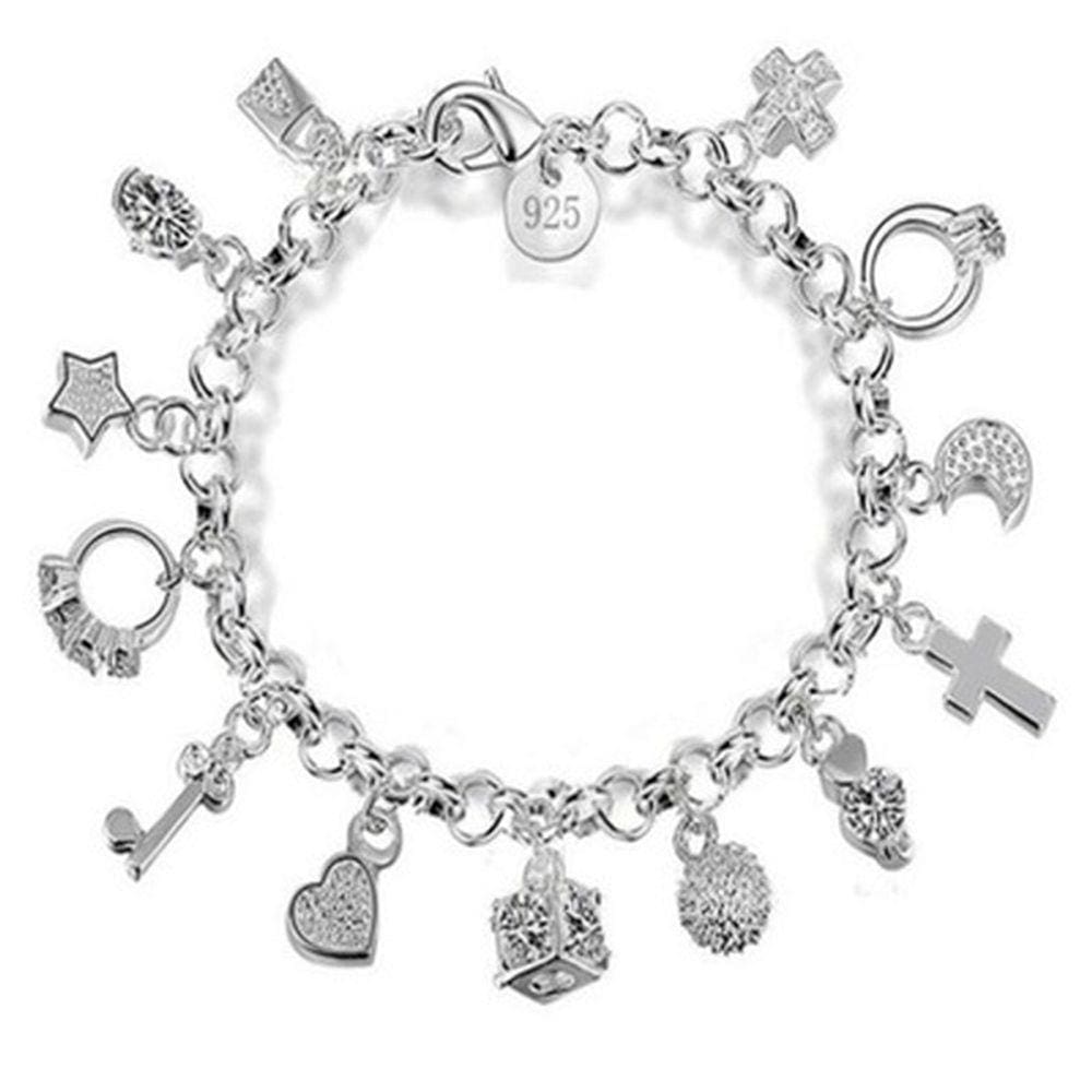 Pulseira de prata esterlina 925 com 13 pingentes para mulheres