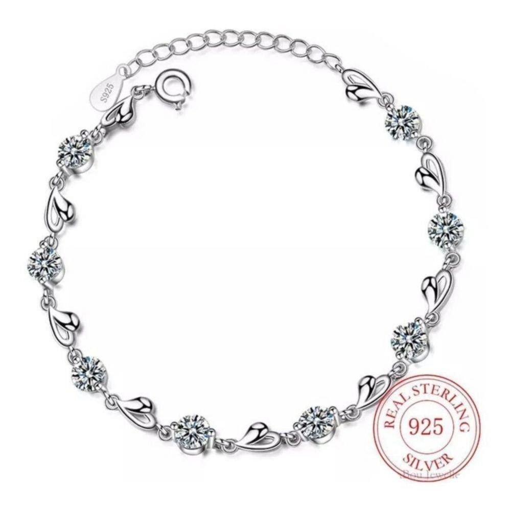 Pulseira de prata 925, cristais de coração, rodiolongidade, 16 cm + 3,5 cm