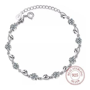 Pulseira de prata 925, cristais de coração, rodiolongidade, 16 cm + 3,5 cm