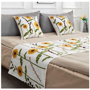 Bed Runner + 2 capas de almofada bordadas de girassol amarelo