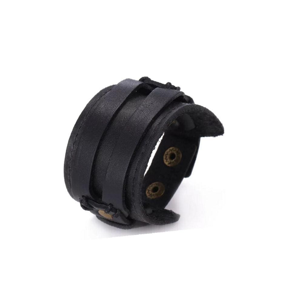 Pulseira masculina preta de couro sólido, ecológica, preta, estilo viking
