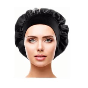 Chapéu de dormir de cor sólida de cabelo acetinado para cabelos cacheados - preto