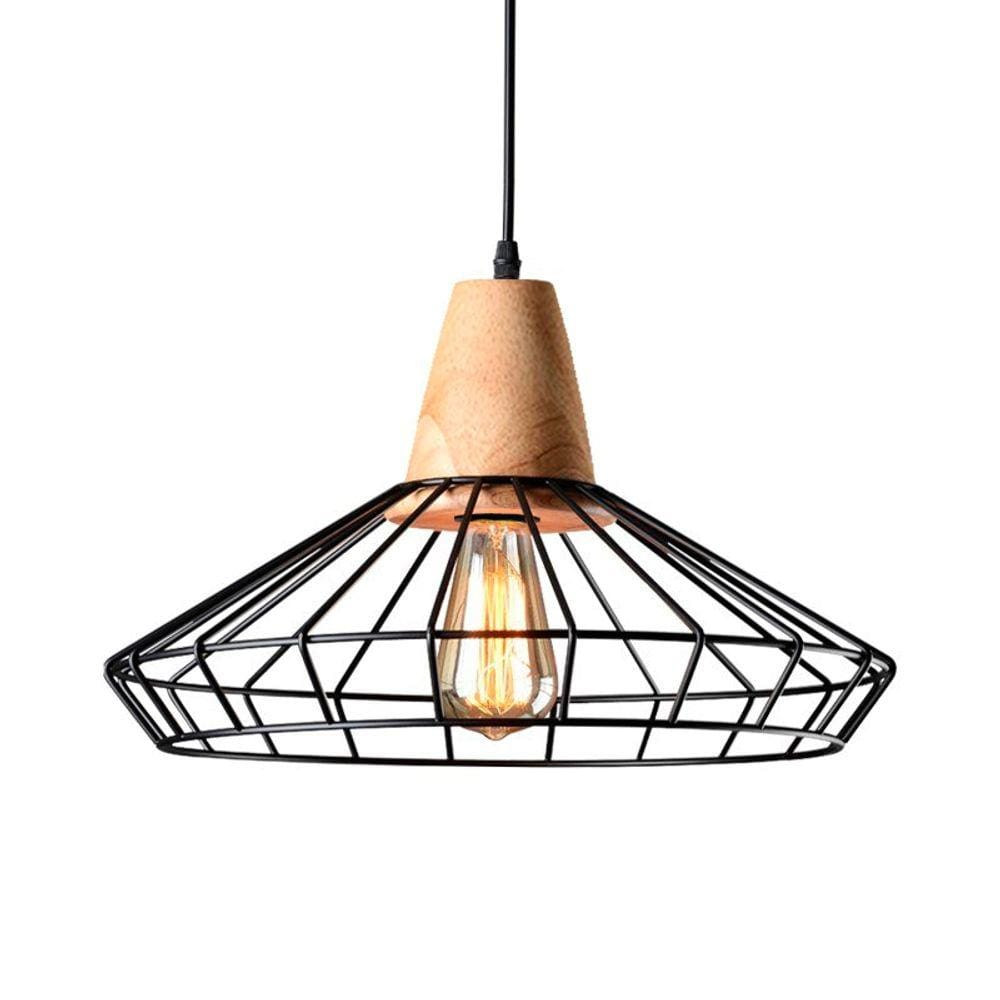 Luminária pendente de madeira com placa de metal 39 cm de diâmetro 25 cm de altura