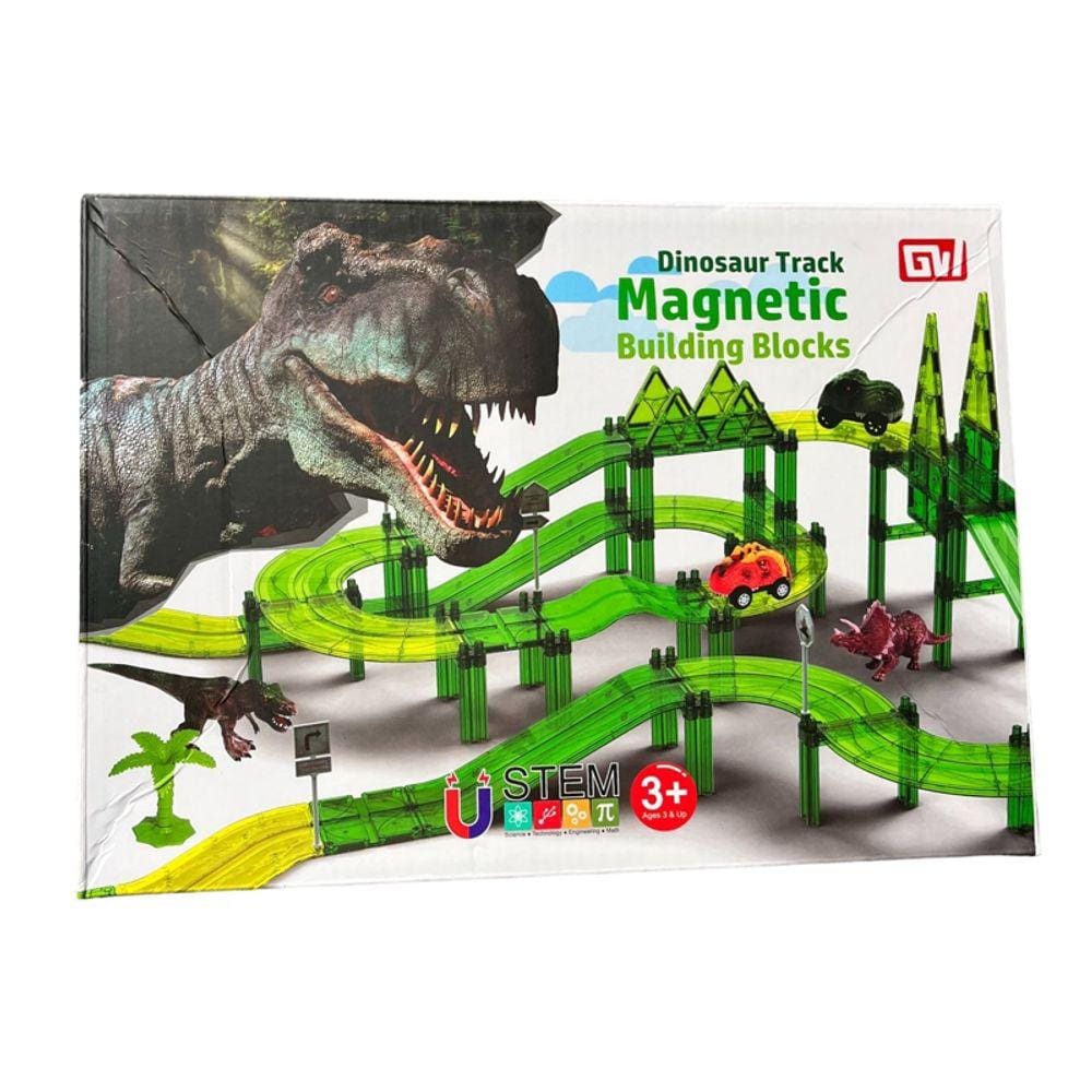 Blocos magnéticos Car Track 120 peças com 2 carros, 2 dinossauros