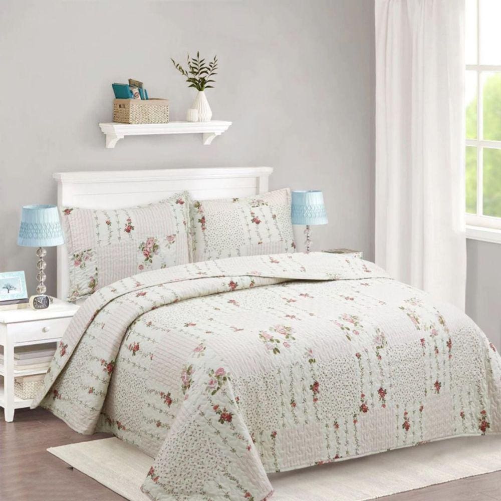Capa de edredão BEIGE SUMMER KING Quilt Design of Flowers FEIYA