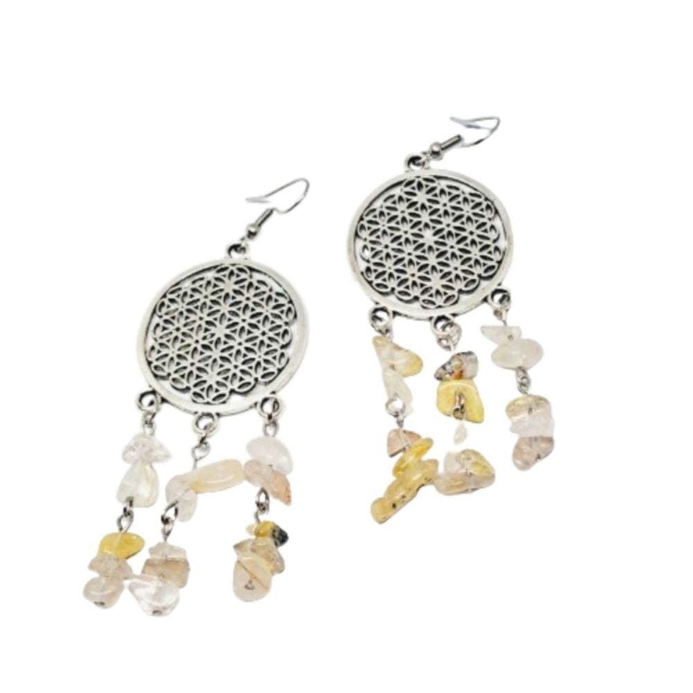 Brincos com flor da vida e quartzo ruticado