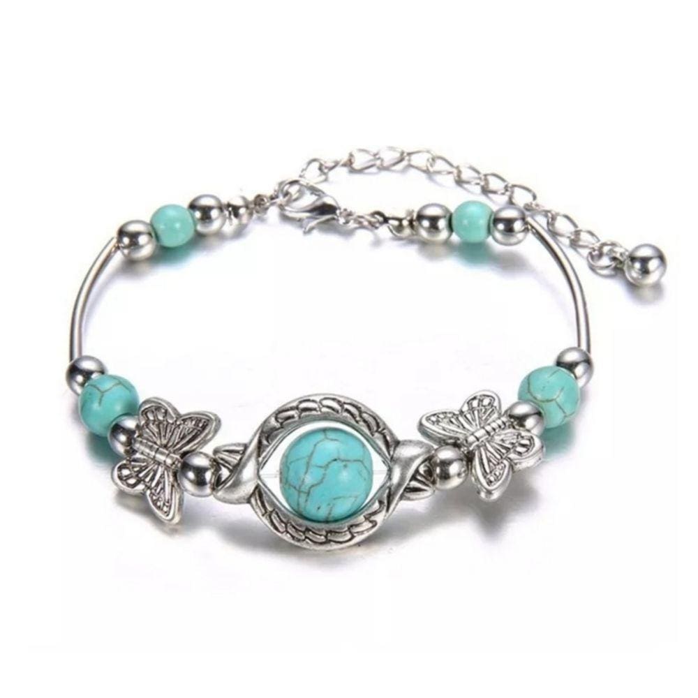 Pulseira Boho Turquesa de Acrílico Banhada a Prata