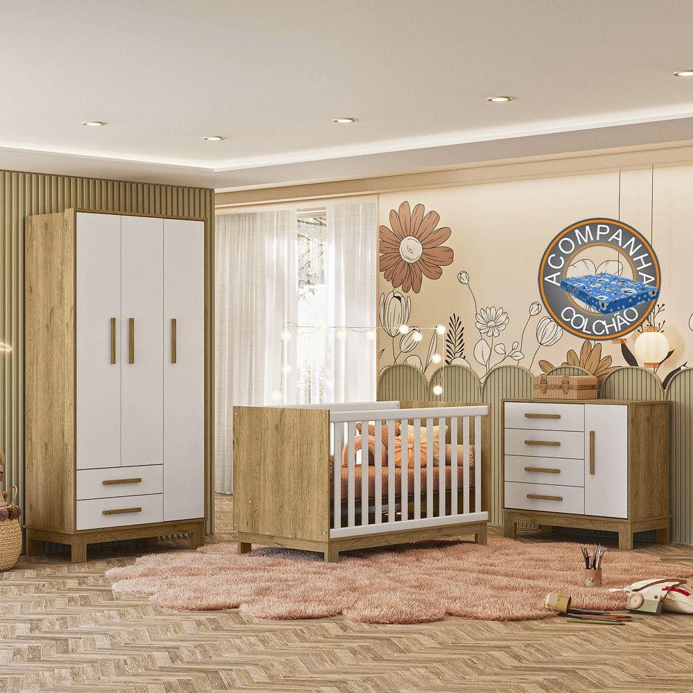 Quarto de Bebê Qencanto Slim Completo Qmovi Freijó Branco Acetinado + Colchão Ortobom