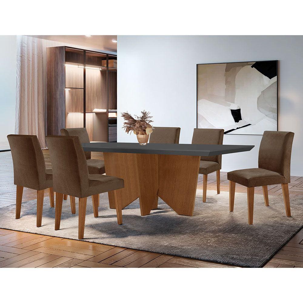 Sala de Jantar Mesa Evora 180  Mdf Canto Reto com 6 Cadeiras Grecia Rufato