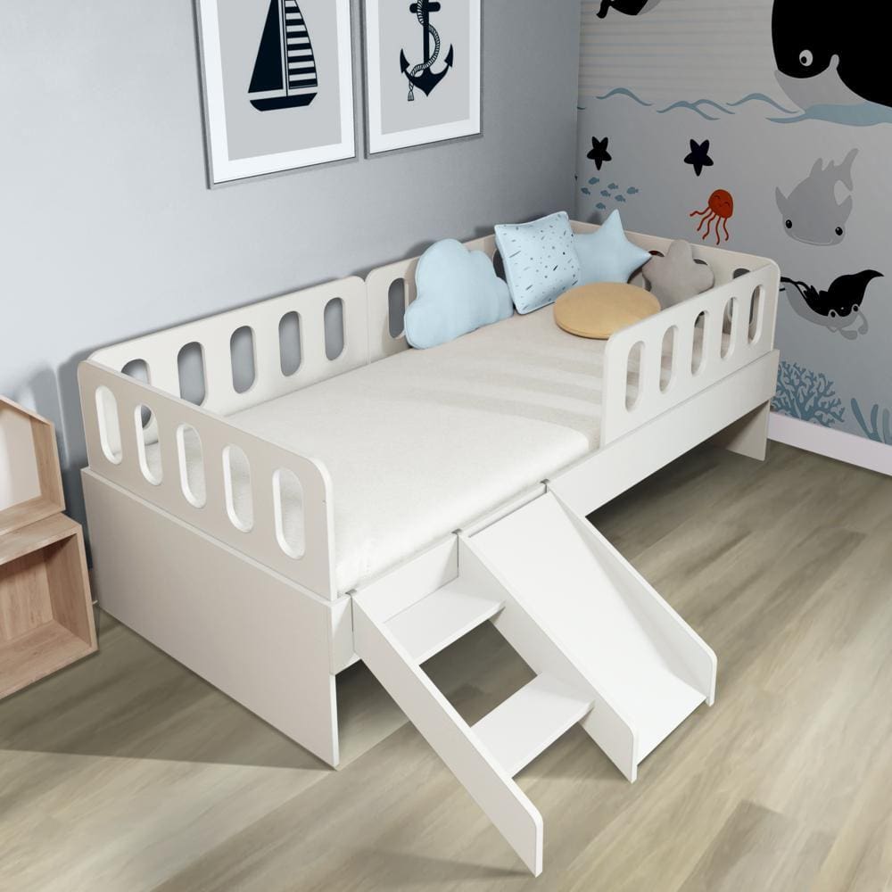 Cama Solteiro Mdf BP com Escadinha/Escorrega 03 Grades e Cabeceira Megamobilia