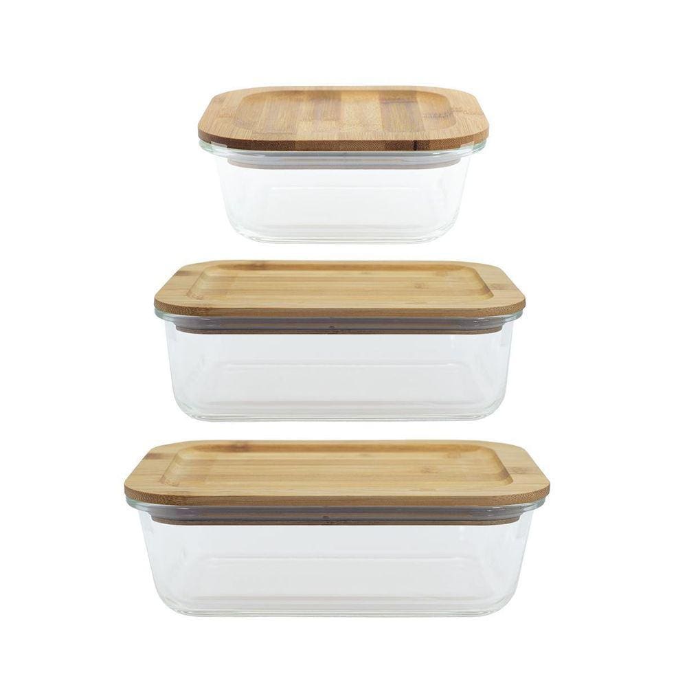 Conjunto 3 Potes Vidro Herméticos Com Tampa De Bambu - Oikos