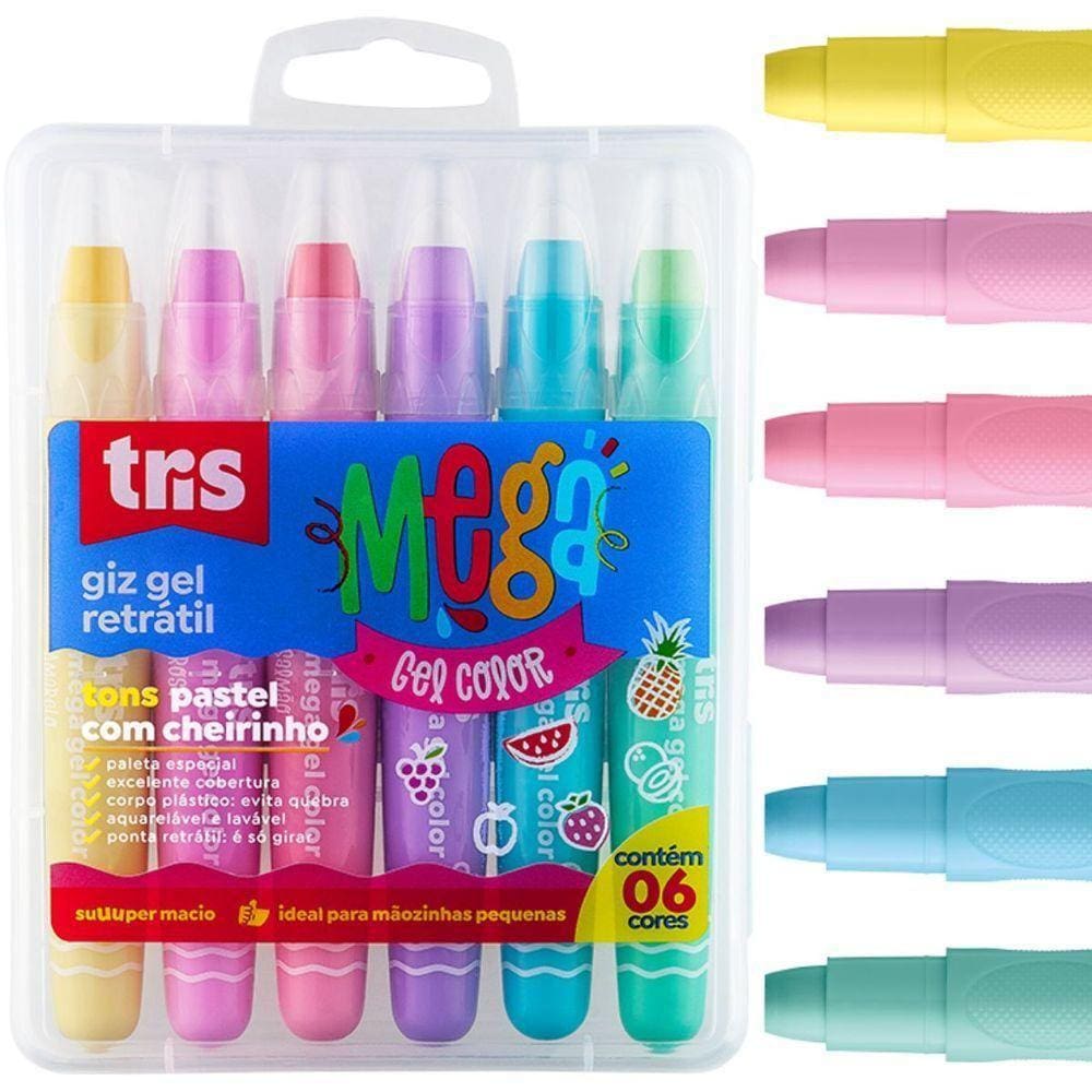 Giz Retrátil Mega Gel Tons Pastel Cheirinho - 6 Cores - Tris