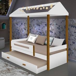 Cama Casa Sara Branco com Auxiliar 02 Colchões e LED