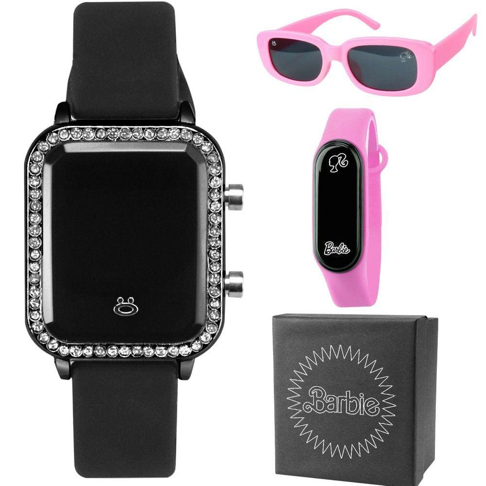 relogio infantil preto strass digital + caixa + oculos sol data menina qualidade premium
