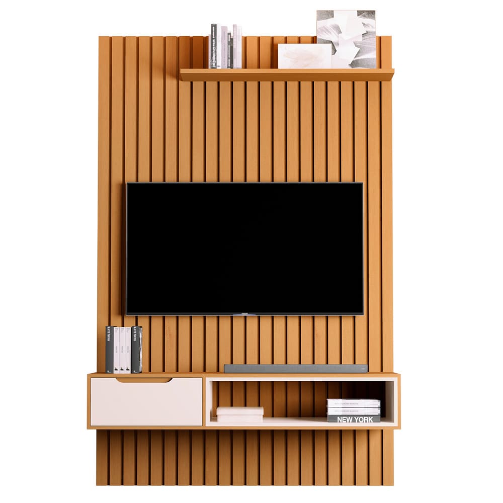 Rack e Painel Ripado com 1 Gaveta Trapani Nature Pérola