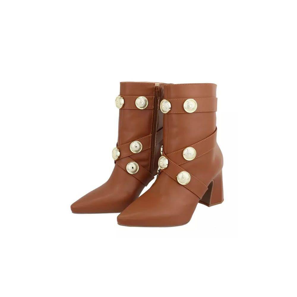 Bota Cano Médio Feminino Tiras e Metais Zíper Bico Fino Estilo Salto Grosso Confortável