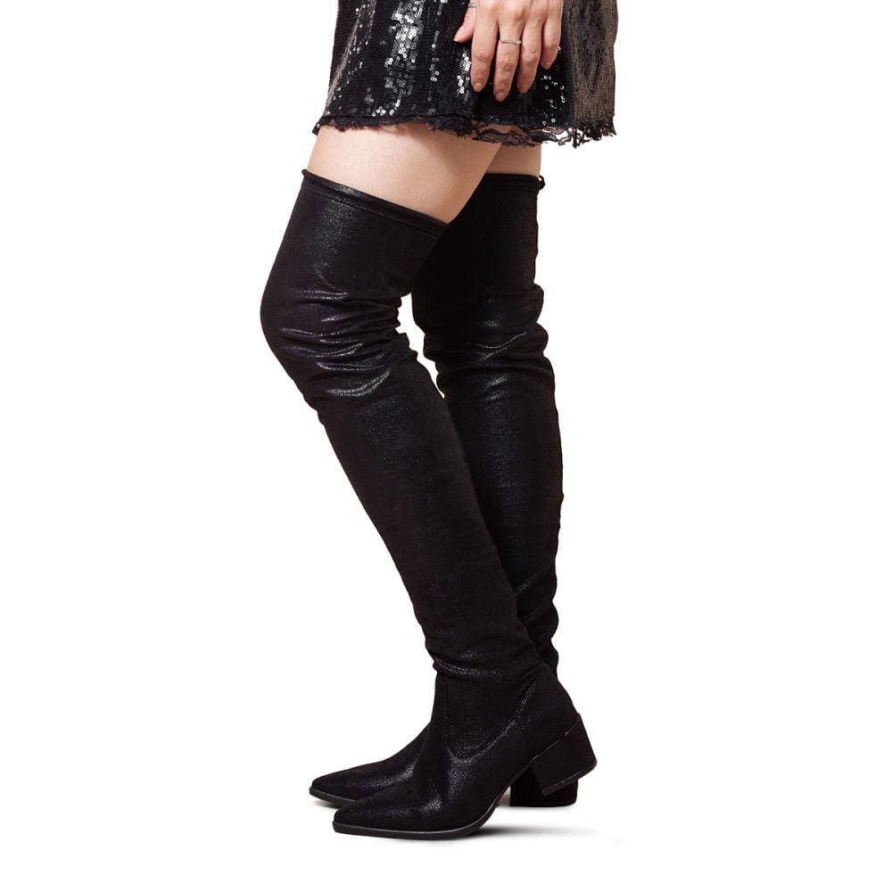 Bota Over The Knee Meia Feminino Brilhante Elegante Bico Fino Salto Baixo