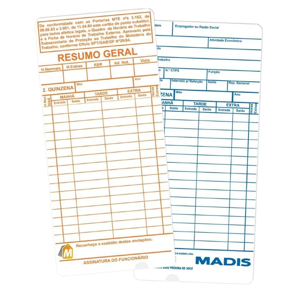 Cartão De Ponto Madis Térmico Md 402 Pacote Com 100 Un C/nfe - Azul - 110V/220V