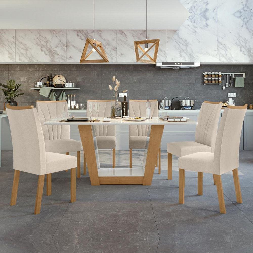 Conjunto Sala de Jantar Mesa 160cm com Tampo MDF/Vidro Apogeu 6 Cadeiras Apogeu Lopas