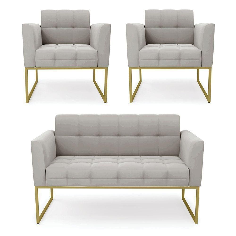 Kit 1 Sofá Namoradeira E 2 Poltronas Elisa Veludo Cinza Base Metálica Industrial Dourado - D`rossi