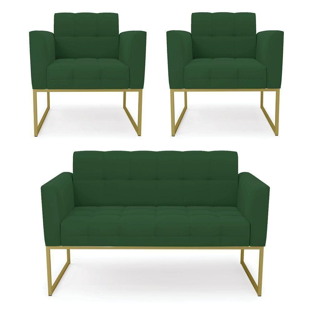 Kit 1 Sofá Namoradeira E 2 Poltronas Elisa Veludo Verde Base Metálica Industrial Dourado - D`rossi